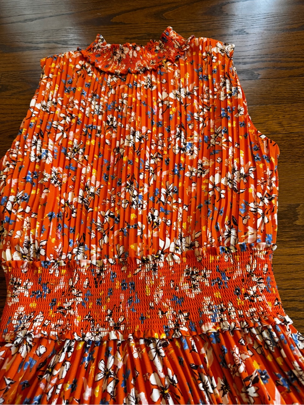 Nanette Lepore Orange Floral A-Line High Neck Pleated Smocked Lined Dress 10 - Picture 5 of 11